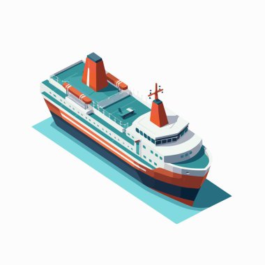 Vektör izometrik simge seti veya düşük poli kargo konteynır gemisi, petrol tankeri gemisi, yolcu yolcu yolcu yolcu gemisi, araba ve petrol platformlarıyla dolu feribot