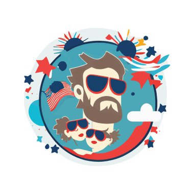 Babalar Günü posteri ya da pankarttaki mavi kravatlı, gözlüklü ve hediye kutulu şablon. Babalar günü için düz stil içinde selamlar ve hediyeler..