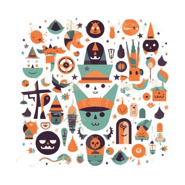 Mutlu Cadılar Bayramı. 31 Ekim. Bir dizi basit vektör çizimleri. Minimalist, geometrik, arka plan deseni, ikon. Poster, medya afişi, kapak ya da kartpostal için mükemmel.