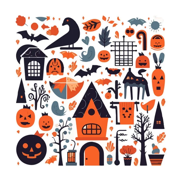 Selamat Halloween Oktober Satu Set Gambar Vektor Sederhana Minimalis Geometris - Stok Vektor