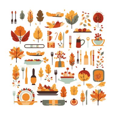 Zarif bir el yazısı ile yazılmış ve düşen sonbahar yapraklarıyla süslenmiş Şükran Günü dileğin kutlu olsun. Tatil tebrik kartı ve kartpostallar için düz stil renkli mevsimsel vektör çizimi.