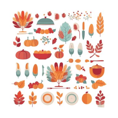 Happy Thanksgiving wish written with elegant calligraphic script and decorated by fallen autumn foliage. Colored seasonal vector illustration in flat style for holiday greeting card, postcard. clipart