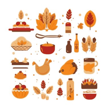 Zarif bir el yazısı ile yazılmış ve düşen sonbahar yapraklarıyla süslenmiş Şükran Günü dileğin kutlu olsun. Tatil tebrik kartı ve kartpostallar için düz stil renkli mevsimsel vektör çizimi.