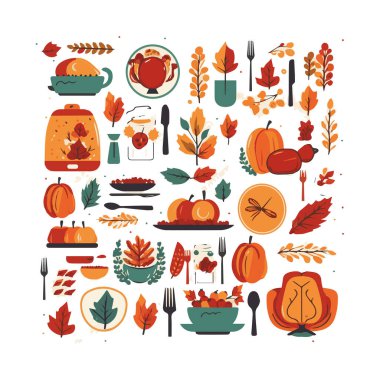 Zarif bir el yazısı ile yazılmış ve düşen sonbahar yapraklarıyla süslenmiş Şükran Günü dileğin kutlu olsun. Tatil tebrik kartı ve kartpostallar için düz stil renkli mevsimsel vektör çizimi.