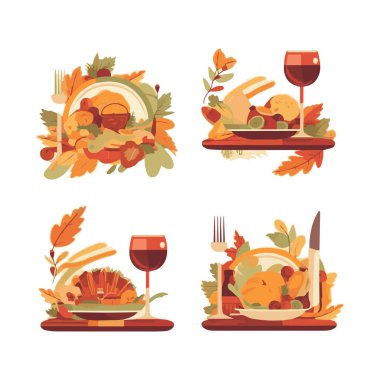 Zarif bir el yazısı ile yazılmış ve düşen sonbahar yapraklarıyla süslenmiş Şükran Günü dileğin kutlu olsun. Tatil tebrik kartı ve kartpostallar için düz stil renkli mevsimsel vektör çizimi.