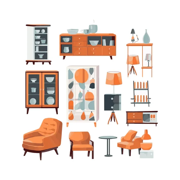 Mid Century Furniture Flat Modern Icons Design — Stock Vector