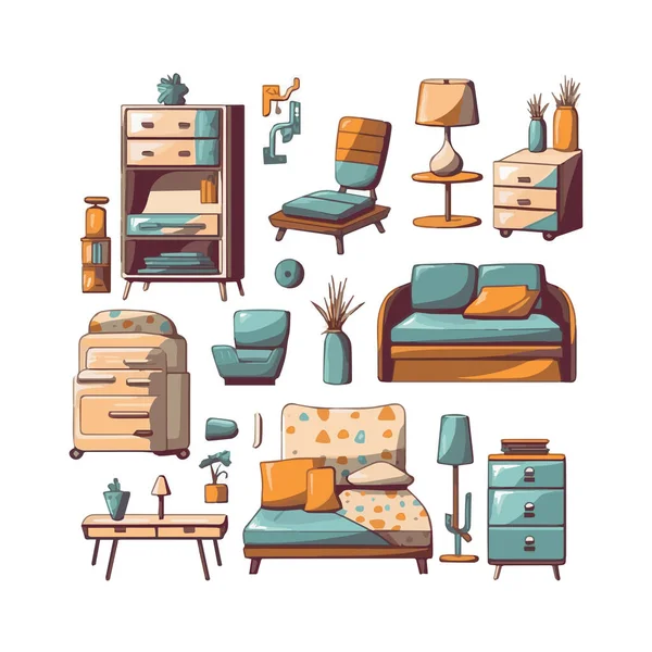 Mid Century Furniture Flat Modern Icons Design — Stock Vector