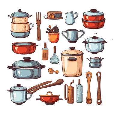 Kitchenware set graphic elements in flat design. Bundle of kettle, ladle, spoon, fork, frying pan, mug, board, bowl, knife, rolling pin, spatula and other utensil. Illustration isolated objects