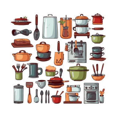 Kitchenware set graphic elements in flat design. Bundle of kettle, ladle, spoon, fork, frying pan, mug, board, bowl, knife, rolling pin, spatula and other utensil. Illustration isolated objects