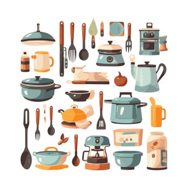 Kitchenware set graphic elements in flat design. Bundle of kettle, ladle, spoon, fork, frying pan, mug, board, bowl, knife, rolling pin, spatula and other utensil. Illustration isolated objects