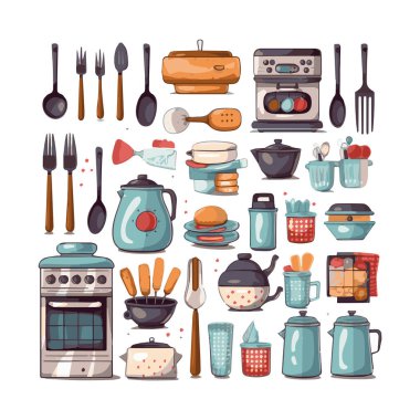 Kitchenware set graphic elements in flat design. Bundle of kettle, ladle, spoon, fork, frying pan, mug, board, bowl, knife, rolling pin, spatula and other utensil. Illustration isolated objects