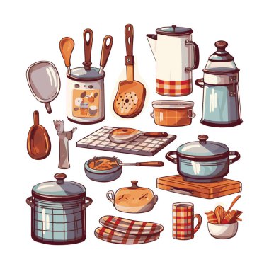 Kitchenware set graphic elements in flat design. Bundle of kettle, ladle, spoon, fork, frying pan, mug, board, bowl, knife, rolling pin, spatula and other utensil. Illustration isolated objects