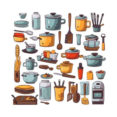 Kitchenware set graphic elements in flat design. Bundle of kettle, ladle, spoon, fork, frying pan, mug, board, bowl, knife, rolling pin, spatula and other utensil. Illustration isolated objects