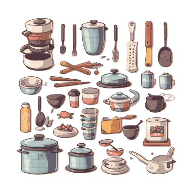 Kitchenware set graphic elements in flat design. Bundle of kettle, ladle, spoon, fork, frying pan, mug, board, bowl, knife, rolling pin, spatula and other utensil. Illustration isolated objects
