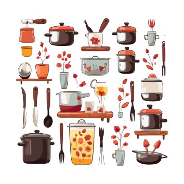 Kitchenware set graphic elements in flat design. Bundle of kettle, ladle, spoon, fork, frying pan, mug, board, bowl, knife, rolling pin, spatula and other utensil. Illustration isolated objects