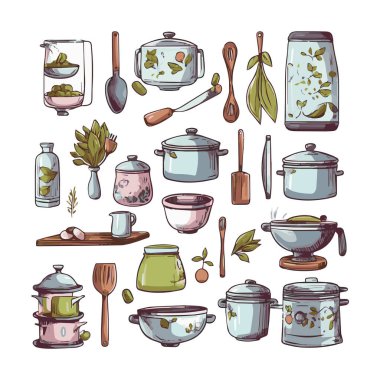 Kitchenware set graphic elements in flat design. Bundle of kettle, ladle, spoon, fork, frying pan, mug, board, bowl, knife, rolling pin, spatula and other utensil. Illustration isolated objects