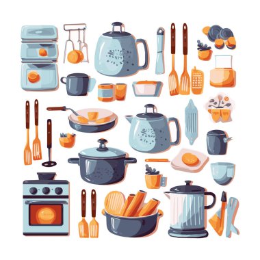 Kitchenware set graphic elements in flat design. Bundle of kettle, ladle, spoon, fork, frying pan, mug, board, bowl, knife, rolling pin, spatula and other utensil. Illustration isolated objects