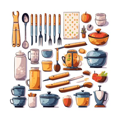 Kitchenware set graphic elements in flat design. Bundle of kettle, ladle, spoon, fork, frying pan, mug, board, bowl, knife, rolling pin, spatula and other utensil. Illustration isolated objects