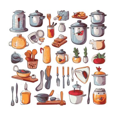 Kitchenware set graphic elements in flat design. Bundle of kettle, ladle, spoon, fork, frying pan, mug, board, bowl, knife, rolling pin, spatula and other utensil. Illustration isolated objects
