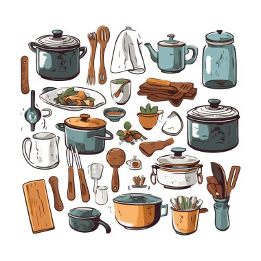 Kitchenware set graphic elements in flat design. Bundle of kettle, ladle, spoon, fork, frying pan, mug, board, bowl, knife, rolling pin, spatula and other utensil. Illustration isolated objects