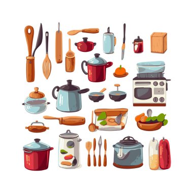 Kitchenware set graphic elements in flat design. Bundle of kettle, ladle, spoon, fork, frying pan, mug, board, bowl, knife, rolling pin, spatula and other utensil. Illustration isolated objects