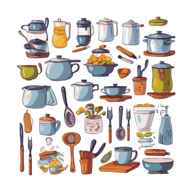 Kitchenware set graphic elements in flat design. Bundle of kettle, ladle, spoon, fork, frying pan, mug, board, bowl, knife, rolling pin, spatula and other utensil. Illustration isolated objects