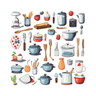 Kitchenware set graphic elements in flat design. Bundle of kettle, ladle, spoon, fork, frying pan, mug, board, bowl, knife, rolling pin, spatula and other utensil. Illustration isolated objects