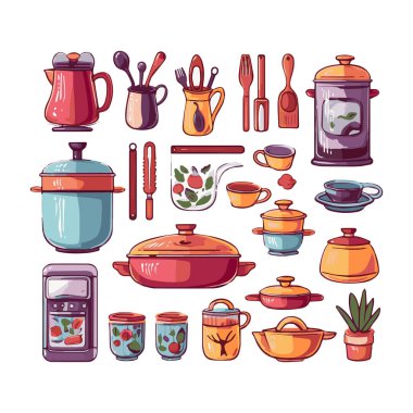 Kitchenware set graphic elements in flat design. Bundle of kettle, ladle, spoon, fork, frying pan, mug, board, bowl, knife, rolling pin, spatula and other utensil. Illustration isolated objects