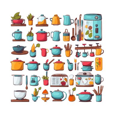 Kitchenware set graphic elements in flat design. Bundle of kettle, ladle, spoon, fork, frying pan, mug, board, bowl, knife, rolling pin, spatula and other utensil. Illustration isolated objects