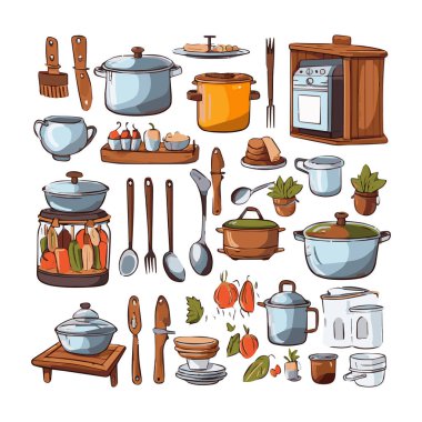 Kitchenware set graphic elements in flat design. Bundle of kettle, ladle, spoon, fork, frying pan, mug, board, bowl, knife, rolling pin, spatula and other utensil. Illustration isolated objects