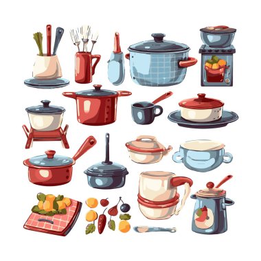 Kitchenware set graphic elements in flat design. Bundle of kettle, ladle, spoon, fork, frying pan, mug, board, bowl, knife, rolling pin, spatula and other utensil. Illustration isolated objects