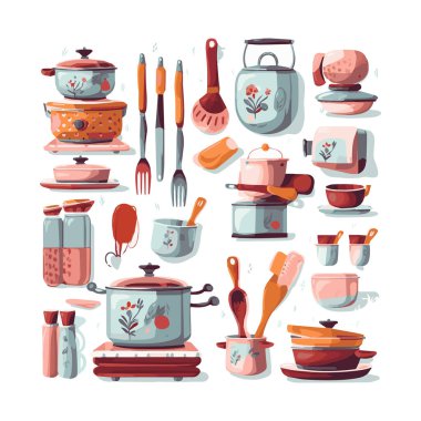 Kitchenware set graphic elements in flat design. Bundle of kettle, ladle, spoon, fork, frying pan, mug, board, bowl, knife, rolling pin, spatula and other utensil. Illustration isolated objects