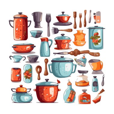 Kitchenware set graphic elements in flat design. Bundle of kettle, ladle, spoon, fork, frying pan, mug, board, bowl, knife, rolling pin, spatula and other utensil. Illustration isolated objects