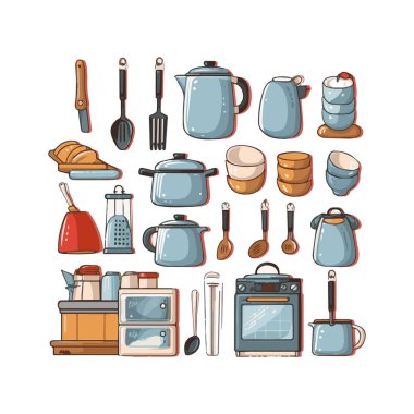 Kitchenware set graphic elements in flat design. Bundle of kettle, ladle, spoon, fork, frying pan, mug, board, bowl, knife, rolling pin, spatula and other utensil. Illustration isolated objects
