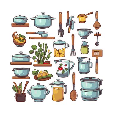 Kitchenware set graphic elements in flat design. Bundle of kettle, ladle, spoon, fork, frying pan, mug, board, bowl, knife, rolling pin, spatula and other utensil. Illustration isolated objects