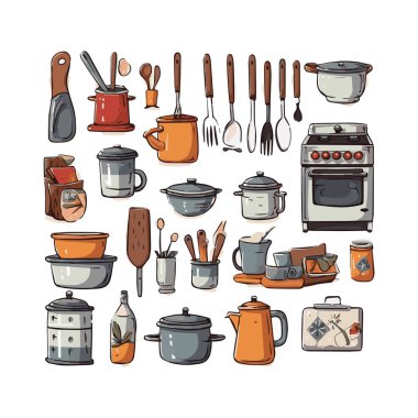 Kitchenware set graphic elements in flat design. Bundle of kettle, ladle, spoon, fork, frying pan, mug, board, bowl, knife, rolling pin, spatula and other utensil. Illustration isolated objects