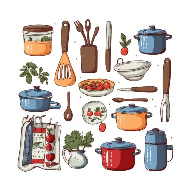 Kitchenware set graphic elements in flat design. Bundle of kettle, ladle, spoon, fork, frying pan, mug, board, bowl, knife, rolling pin, spatula and other utensil. Illustration isolated objects