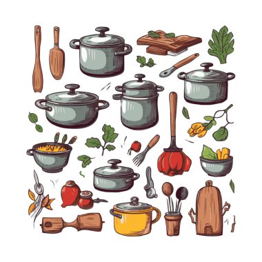 Kitchenware set graphic elements in flat design. Bundle of kettle, ladle, spoon, fork, frying pan, mug, board, bowl, knife, rolling pin, spatula and other utensil. Illustration isolated objects
