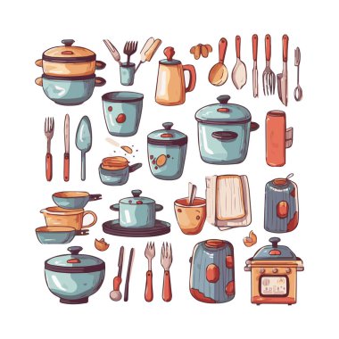 Kitchenware set graphic elements in flat design. Bundle of kettle, ladle, spoon, fork, frying pan, mug, board, bowl, knife, rolling pin, spatula and other utensil. Illustration isolated objects