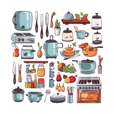 Kitchenware set graphic elements in flat design. Bundle of kettle, ladle, spoon, fork, frying pan, mug, board, bowl, knife, rolling pin, spatula and other utensil. Illustration isolated objects