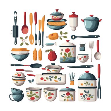 Kitchenware set graphic elements in flat design. Bundle of kettle, ladle, spoon, fork, frying pan, mug, board, bowl, knife, rolling pin, spatula and other utensil. Illustration isolated objects