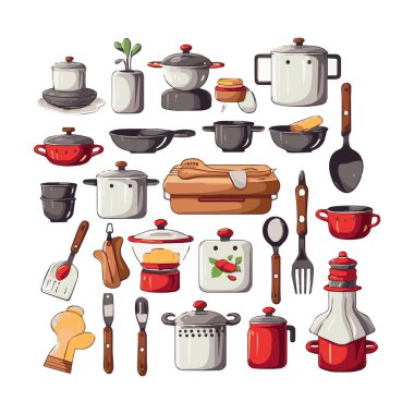 Kitchenware set graphic elements in flat design. Bundle of kettle, ladle, spoon, fork, frying pan, mug, board, bowl, knife, rolling pin, spatula and other utensil. Illustration isolated objects