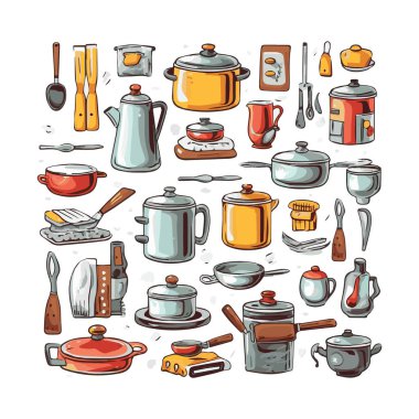 Kitchenware set graphic elements in flat design. Bundle of kettle, ladle, spoon, fork, frying pan, mug, board, bowl, knife, rolling pin, spatula and other utensil. Illustration isolated objects
