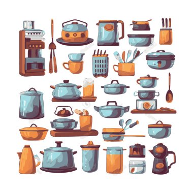 Kitchenware set graphic elements in flat design. Bundle of kettle, ladle, spoon, fork, frying pan, mug, board, bowl, knife, rolling pin, spatula and other utensil. Illustration isolated objects
