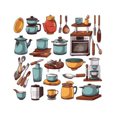 Kitchenware set graphic elements in flat design. Bundle of kettle, ladle, spoon, fork, frying pan, mug, board, bowl, knife, rolling pin, spatula and other utensil. Illustration isolated objects
