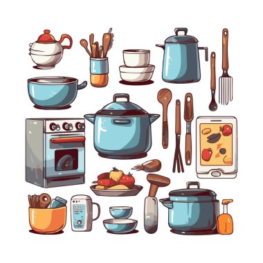 Kitchenware set graphic elements in flat design. Bundle of kettle, ladle, spoon, fork, frying pan, mug, board, bowl, knife, rolling pin, spatula and other utensil. Illustration isolated objects
