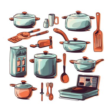 Kitchenware set graphic elements in flat design. Bundle of kettle, ladle, spoon, fork, frying pan, mug, board, bowl, knife, rolling pin, spatula and other utensil. Illustration isolated objects