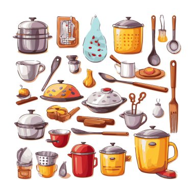 Kitchenware set graphic elements in flat design. Bundle of kettle, ladle, spoon, fork, frying pan, mug, board, bowl, knife, rolling pin, spatula and other utensil. Illustration isolated objects