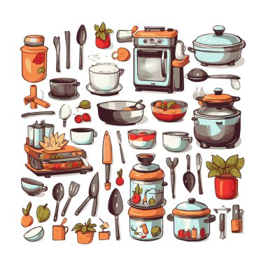Kitchenware set graphic elements in flat design. Bundle of kettle, ladle, spoon, fork, frying pan, mug, board, bowl, knife, rolling pin, spatula and other utensil. Illustration isolated objects