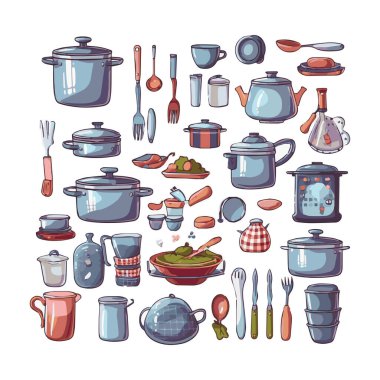 Kitchenware set graphic elements in flat design. Bundle of kettle, ladle, spoon, fork, frying pan, mug, board, bowl, knife, rolling pin, spatula and other utensil. Illustration isolated objects